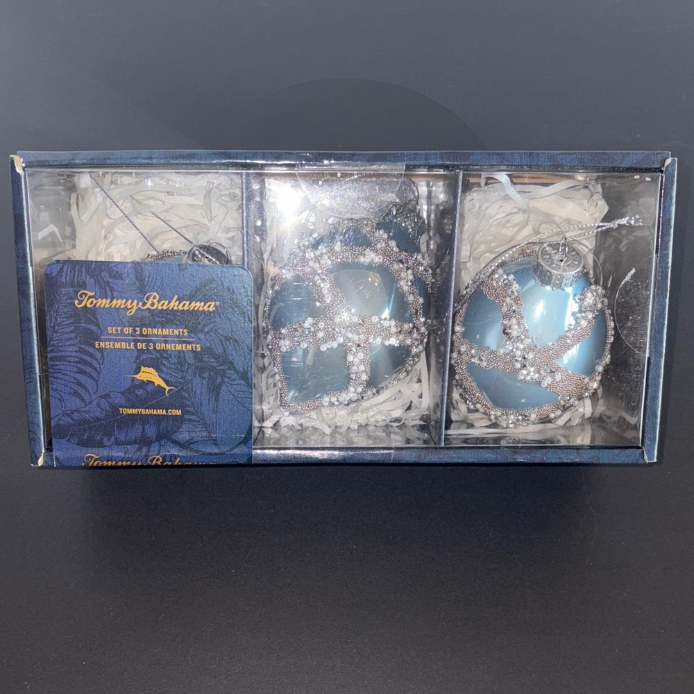 Tommy Bahama Blue and Silver Beaded Oval Ornament Trio